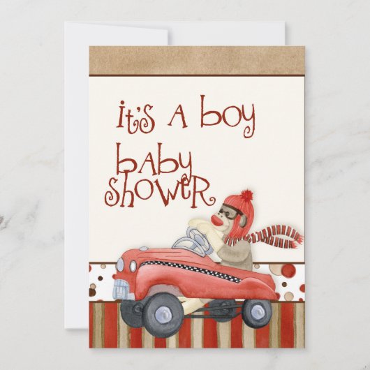 Sock Monkey Pedal Car, Boy Baby Shower Einladung (Vorderseite)