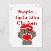 Sock Monkey "PEOPLE TASTE like CHICKEN" Postkarte (Vorne/Hinten)
