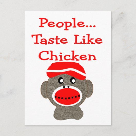 Sock Monkey "PEOPLE TASTE like CHICKEN" Postkarte (Vorderseite)