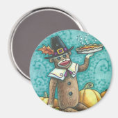 SOCK MONKEY PILGRIM ERNTEDANK DAY MAGNET Round (Vorderseite/Rückseite)