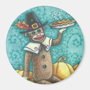 SOCK MONKEY PILGRIM ERNTEDANK DAY MAGNET Round