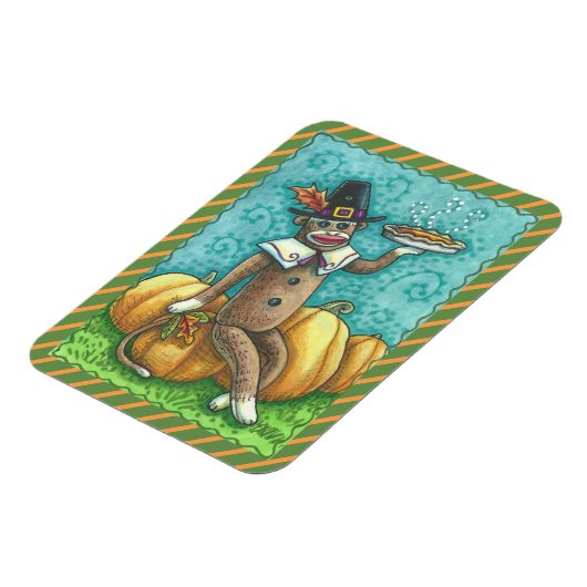 SOCK MONKEY PILGRIM, ERNTEDANK MAGNET Ferien (Linke Seite)