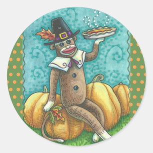 SOCK MONKEY PILGRIM ERNTEDANK STICKER RAND