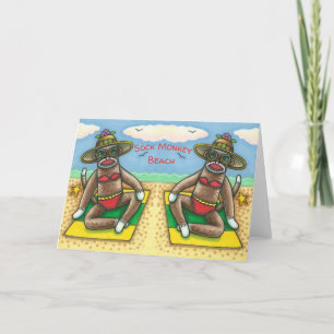 SOCK MONKEY RED BIKINI, AM STRAND CARTOON Funny Karte