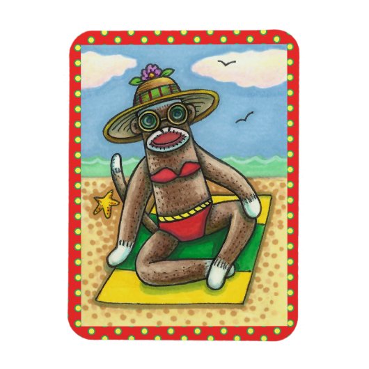 SOCK MONKEY RED BIKINI, AM STRAND CARTOON Funny Magnet (Vertikal)