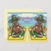 SOCK MONKEY RED BIKINI, AM STRAND CARTOON Funny Postkarte (Vorne/Hinten)