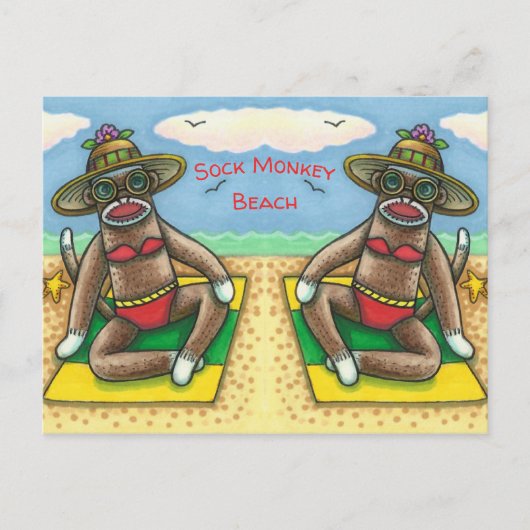 SOCK MONKEY RED BIKINI, AM STRAND CARTOON Funny Postkarte (Vorderseite)