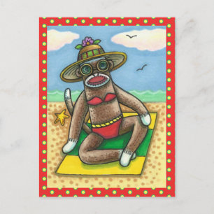 SOCK MONKEY RED BIKINI, AM STRAND CARTOON Funny Postkarte