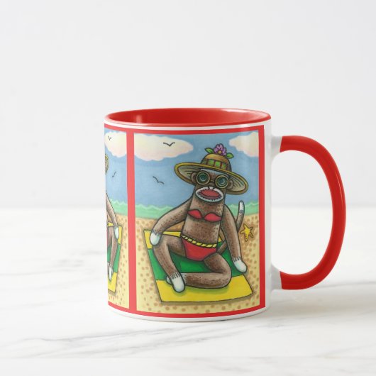 SOCK MONKEY RED BIKINI, AM STRAND CARTOON Funny Tasse (Rechts)