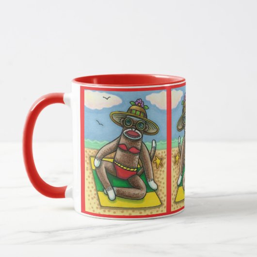 SOCK MONKEY RED BIKINI, AM STRAND CARTOON Funny Tasse (Links)