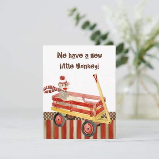 Sock Monkey, Red Wagon, Boy Birth Ankündigung (Stehend Vorderseite)
