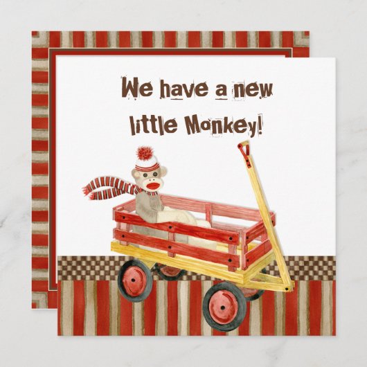 Sock Monkey, Red Wagon, Boy Birth Ankündigung (Vorne/Hinten)