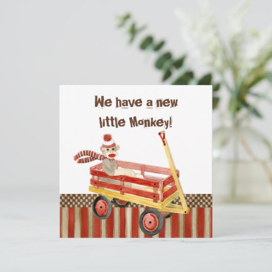 Sock Monkey, Red Wagon, Boy Birth Ankündigung (Stehend Vorderseite)