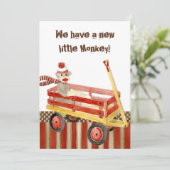 Sock Monkey, Red Wagon, Boy Birth Ankündigung (Stehend Vorderseite)