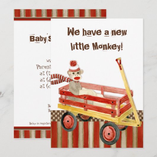 Sock Monkey, Red Wagon, Boy Birth Ankündigung (Vorne/Hinten)