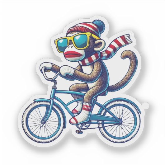 Sock Monkey Riding Bike Aufkleber (Vorderseite)