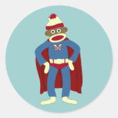 Sock Monkey Superhero Runder Aufkleber (Vorderseite)