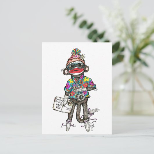 Sock Monkey Tourist Postkarte (Stehend Vorderseite)