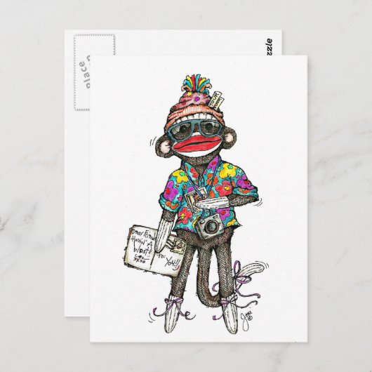 Sock Monkey Tourist Postkarte (Vorne/Hinten)