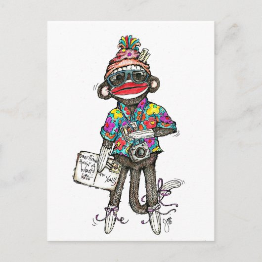 Sock Monkey Tourist Postkarte (Vorderseite)