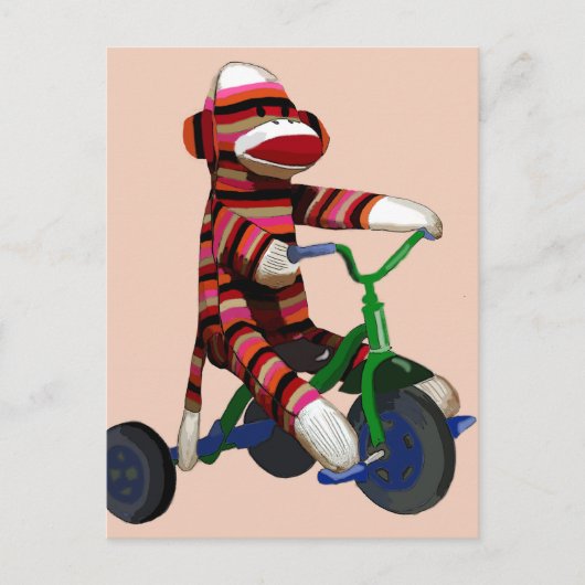 Sock Monkey Tricycle Postkarte (Vorderseite)