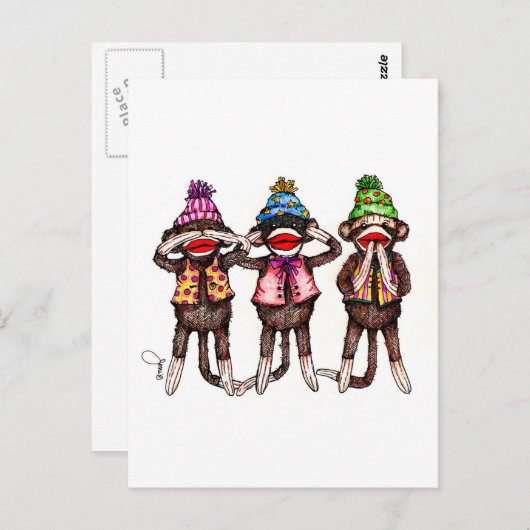 Sock Monkey Trio - Sehen, hören, sprechen kein Übe Postkarte (Vorne/Hinten)