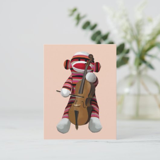 Sock Monkey und Cello 2 Postkarte (Stehend Vorderseite)