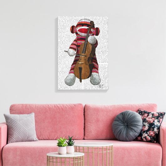 Sock Monkey und Cello Leinwanddruck (Insitu (Wohnzimmer))