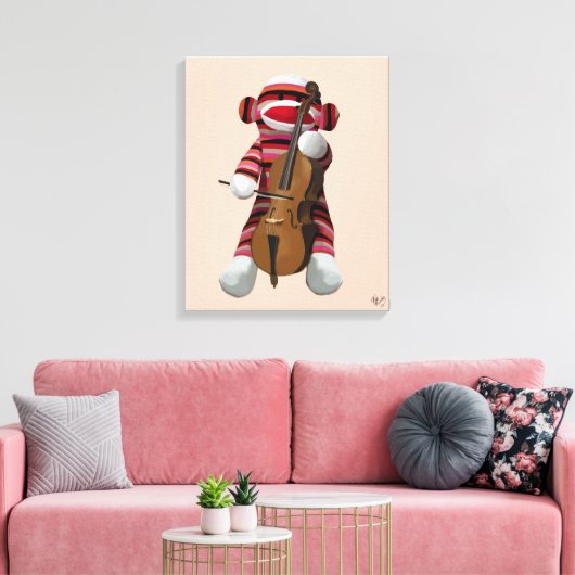 Sock Monkey und Cello Leinwanddruck (Insitu (Wohnzimmer))