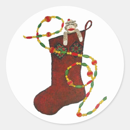 Sock Monkey Weihnachtsaufkleber für Strümpfe Runder Aufkleber (Vorderseite)