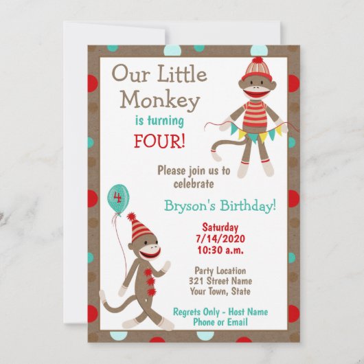 Sock Monkey zum Geburtstag Einladung (Vorderseite)