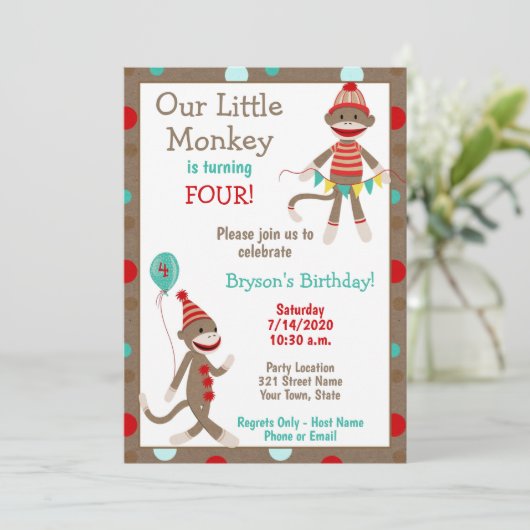 Sock Monkey zum Geburtstag Einladung (Stehend Vorderseite)