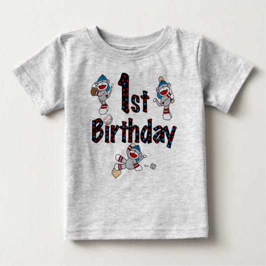 Socken-Affe-Baseball-1. Geburtstag Baby T-shirt (Vorderseite)