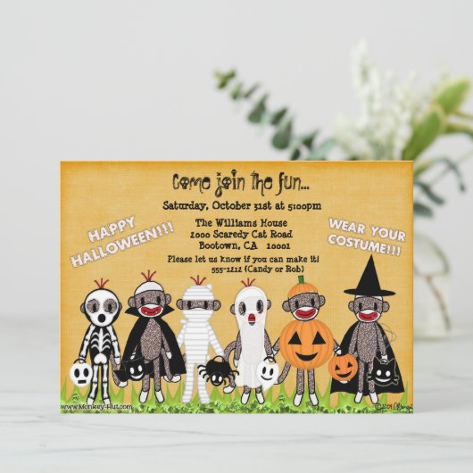 Socken-Affe-Halloween-Gruß-Karte oder Einladung (Stehend Vorderseite)