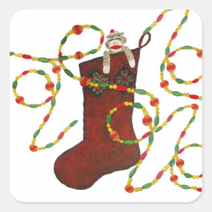 Socken-Affen und Garland-Weihnachtsaufkleber für S Quadratischer Aufkleber