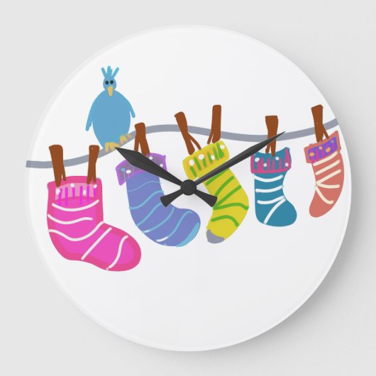 Socken an der Wäscheleine Große Wanduhr (Vorderseite)