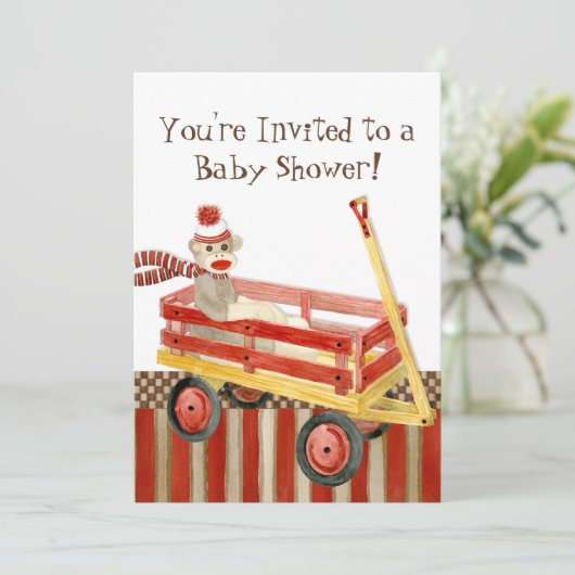 Socketaffe, Red Wagon, Boy Baby Shower Einladung (Stehend Vorderseite)