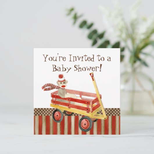 Socketaffe, Red Wagon, Boy Baby Shower Einladung (Stehend Vorderseite)