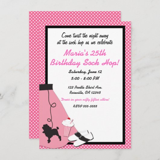 SockHop Pink Poodle Skirt Party der 50er Jahre Einladung (Vorne/Hinten)