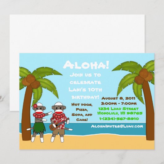 SockMonkey Luau Geburtstag Einladung (Vorne/Hinten)