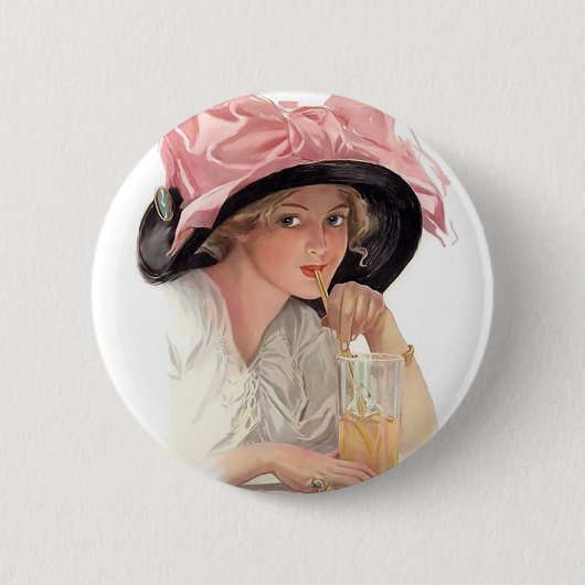 Sodawasser trinkendes Mädchen mit Hut Button (Vorderseite)