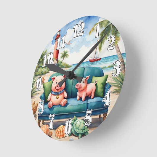 Sofa Swine on Beach Runde Wanduhr (Winkel)