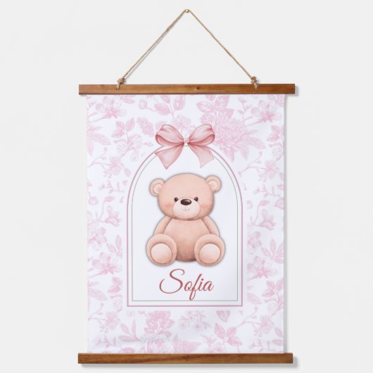Sofia | Benutzerdefiniertes rosa Teddy-Bär-Kinderz Wandteppich Mit Holzrahmen (Vorderseite)