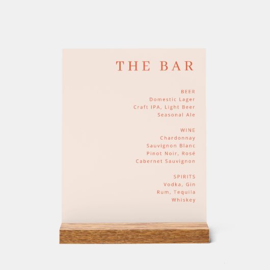 Sofisticated Pfirsich Minimalistische Bar Menu Acrylschild (Vorderseite)