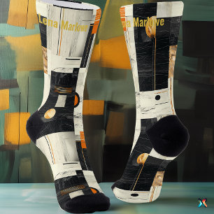 Sofisticated Schwarze und Orange Geometrische Abst Socken