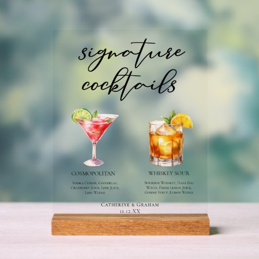 Sofisticertes Hochzeits-Signature-Cocktails-Menü Acrylschild (Neutral)