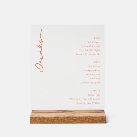 Sofisticertes Oranges Serif-Hochzeitsmenü Acrylschild (Vorderseite)