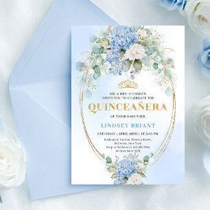 Sofisticierte blaue Hortensien-Gold-Quince-Einladu Einladung