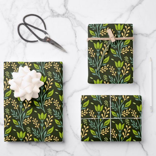 Sofisticiertes blaues und beige Blumendesign Geschenkpapier Set (Vorderseite)