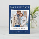 Sofortige Camera Style Couple Foto Blau Save The Date (Stehend Vorderseite)